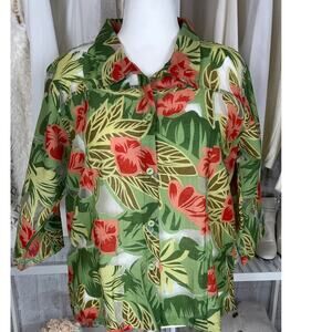 Keneth Too Women's Size XL Green Tropical Floral Button Up Blouse #0453